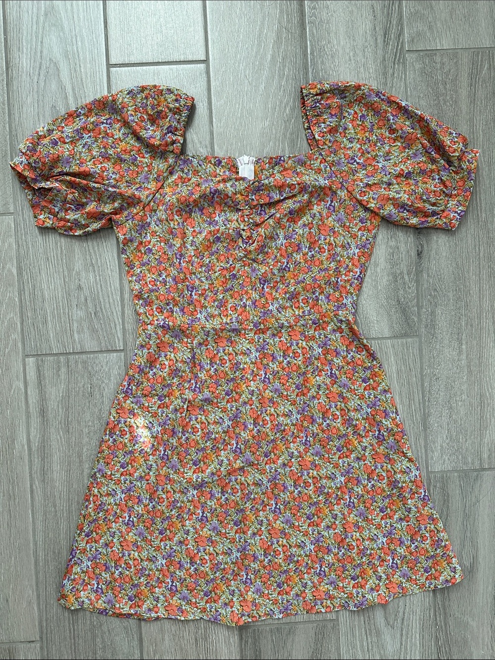 Floral Puff Sleeve Mini Dress - Orange Purple Small Floral